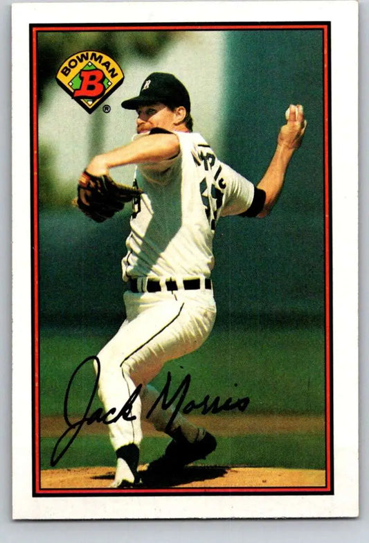 Detroit Tigers player Jack Morris mid-pitching on 1989 Bowman baseball card