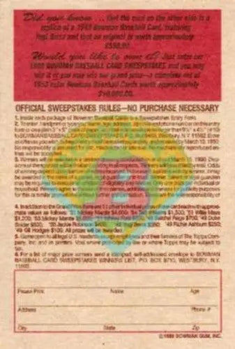 Sweepstakes rules and entry form for 1989 Bowman Reprint Inserts featuring Yogi Berra with original gloss
