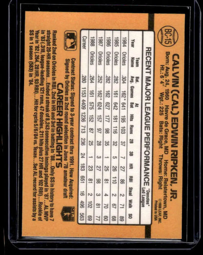 Cal Ripken Jr. Baltimore Orioles baseball card with player stats on orange background