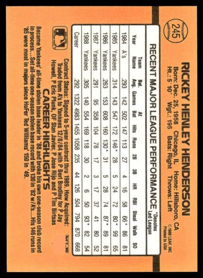Orange baseball card displaying Rickey Henderson stats for New York Yankees