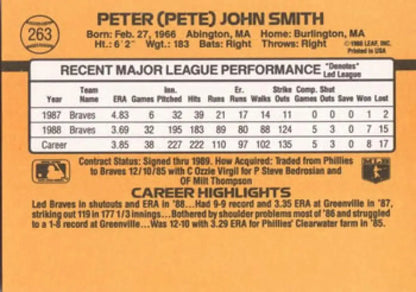 1989 Donruss Pete Smith Baseball Card showcasing Atlanta Braves career statistics on orange background