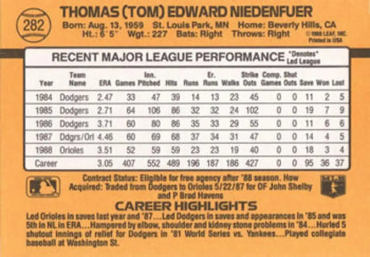 Baseball card of Tom Niedenfuer with career highlights for the Baltimore Orioles