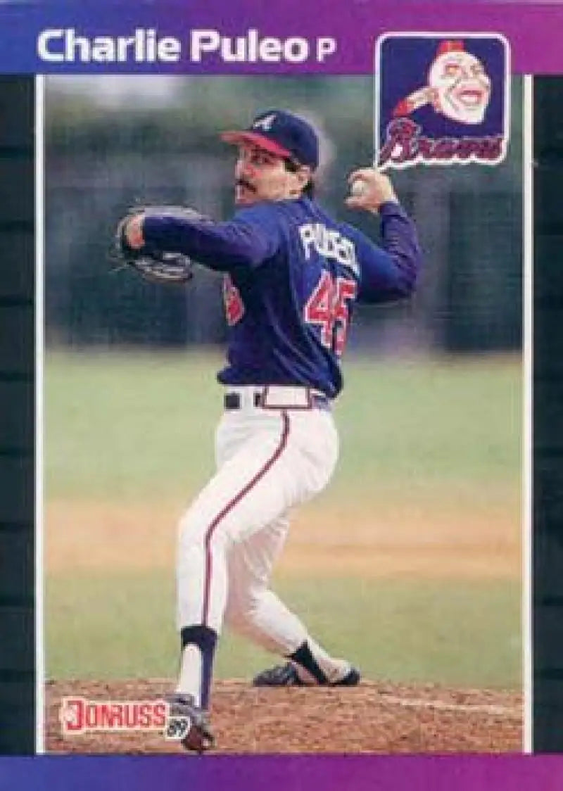 Baseball player in purple and white uniform pitching, featured on Atlanta Braves Charlie Puleo card