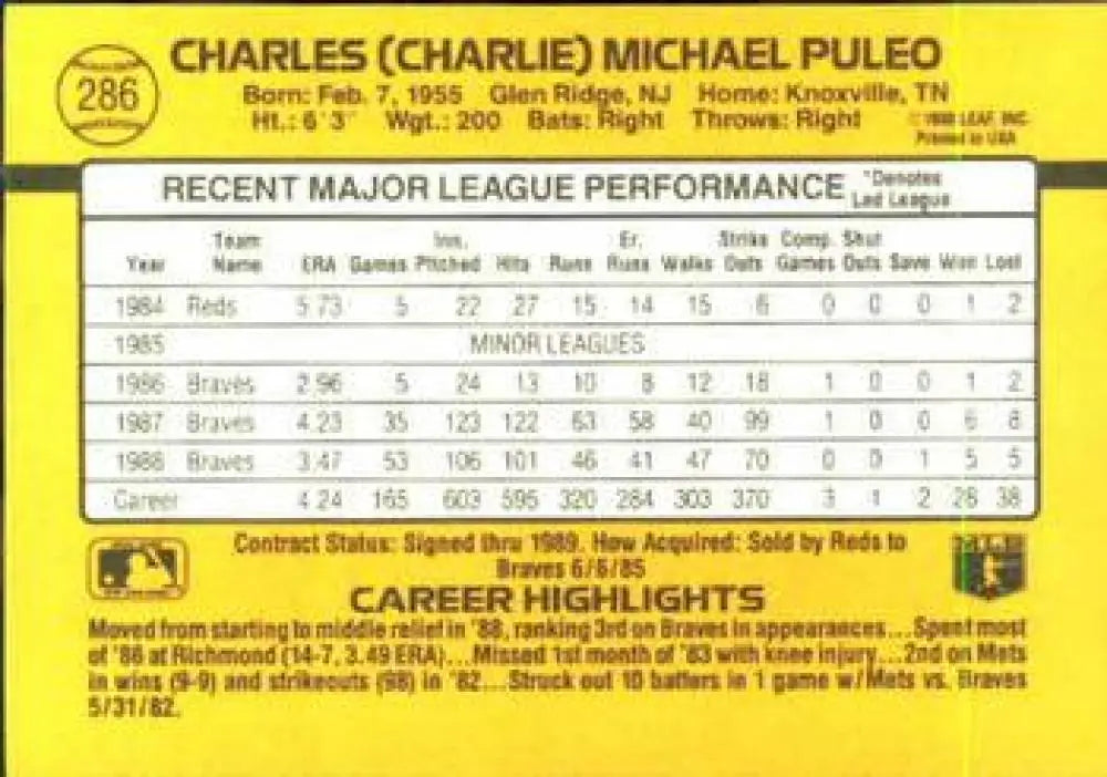 Baseball card of Charlie Puleo featuring career stats with Atlanta Braves highlights