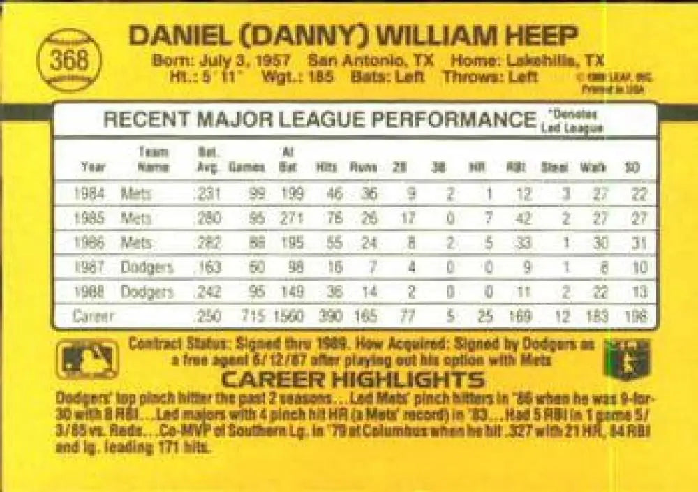 1989 Donruss #368 Danny Heep Baseball Card featuring Los Angeles Dodgers stats and highlights