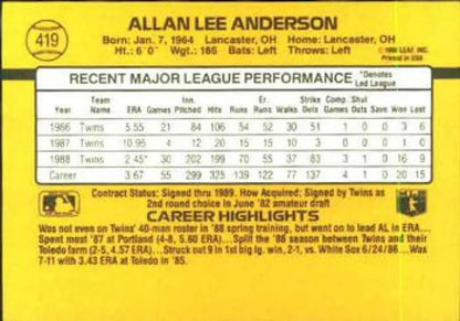 Baseball trading card of Allan Anderson featuring Minnesota Twins stats and highlights