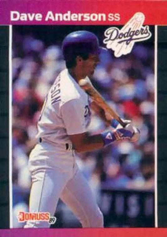 Baseball card of Dave Anderson in white Los Angeles Dodgers uniform at bat