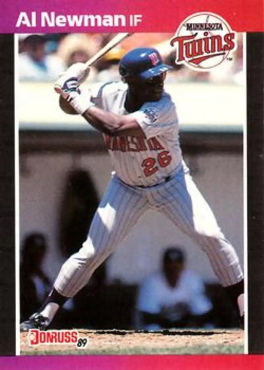 1989 Donruss #436 Al Newman baseball card featuring Minnesota Twins player at bat