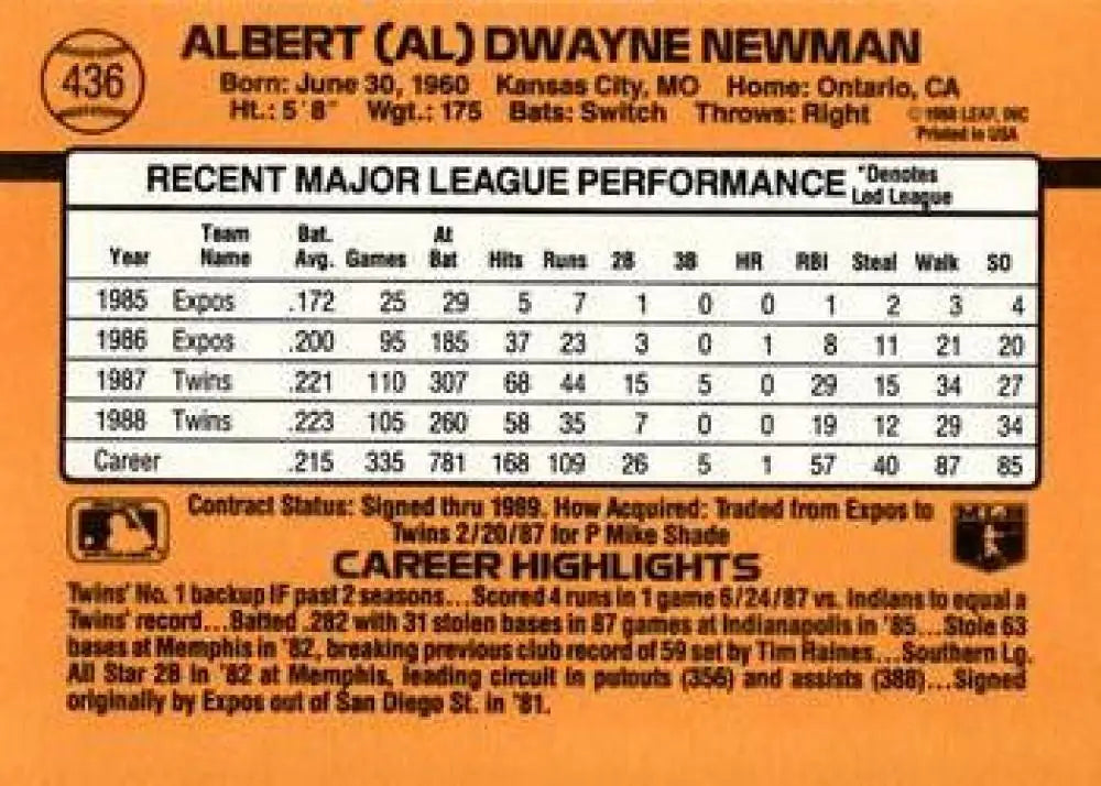 Baseball card of Al Newman showcasing Minnesota Twins MLB stats and career highlights
