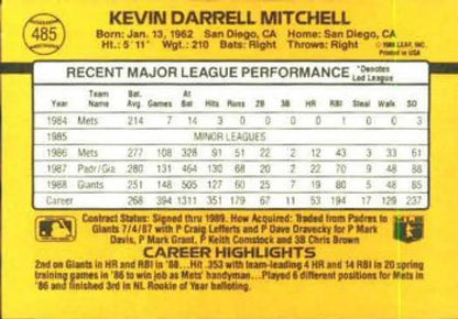 1989 Donruss #485 Kevin Mitchell Baseball Card showcasing San Francisco Giants stats