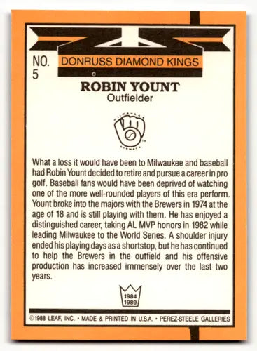 Original gloss of Robin Yount baseball card back from 1989 Donruss featuring Brewers