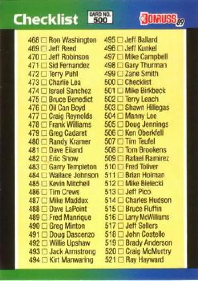 Baseball card checklist displaying player names 468 to 521 for 1989 Donruss set
