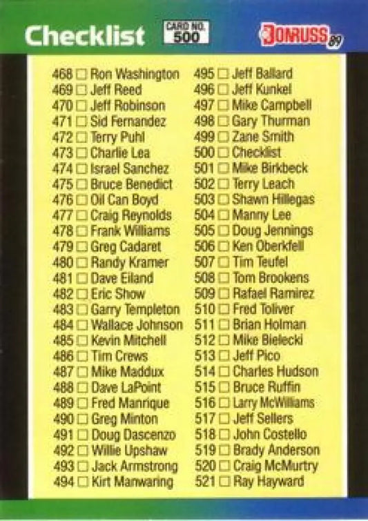 Baseball card checklist displaying player names 468 to 521 for 1989 Donruss set