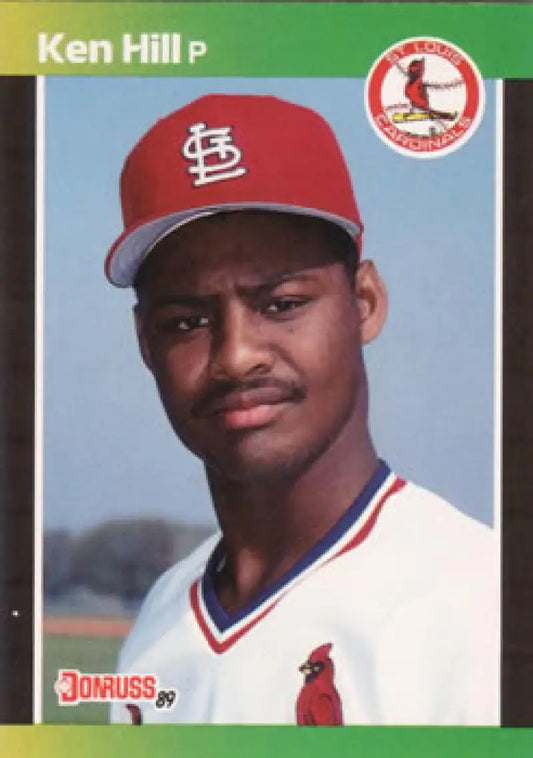 Baseball card of Ken Hill, St. Louis Cardinals player in red cap and white jersey