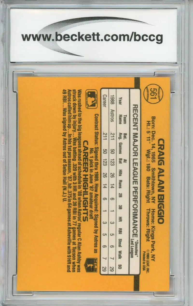 Back side of 1989 Donruss Craig Biggio Houston Astros Baseball Card with stats