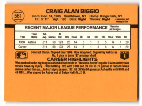 1989 Donruss #561 Craig Biggio NM Near Mint RC Rookie baseball card with original gloss