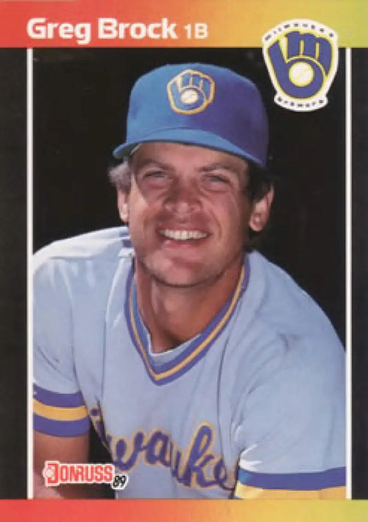 Baseball card of Greg Brock in Milwaukee Brewers blue and white uniform with glove logo