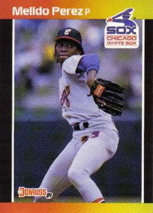 White Sox pitcher Melido Perez in mid-throw on 1989 Donruss #58 baseball card