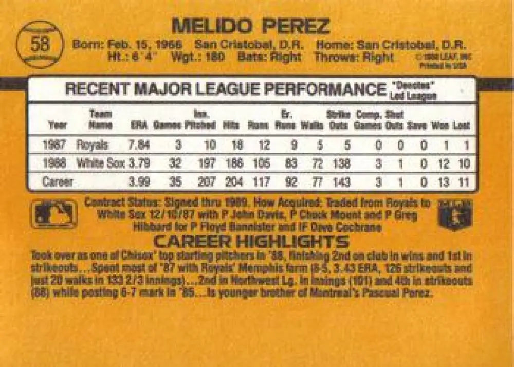 Baseball card featuring Melido Perez statistics with Chicago White Sox highlights