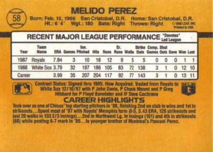 Baseball card featuring Melido Perez statistics with Chicago White Sox highlights
