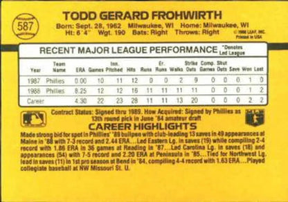 1987 Baseball Card featuring Todd Frohwirth’s stats with Philadelphia Phillies highlights