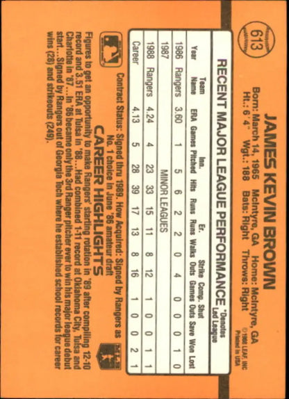 Orange baseball card back of Kevin Brown with statistics for Texas Rangers