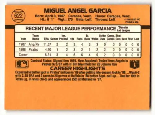 Baseball card back of 1989 Donruss Miguel Garcia Pittsburgh Pirates with original gloss