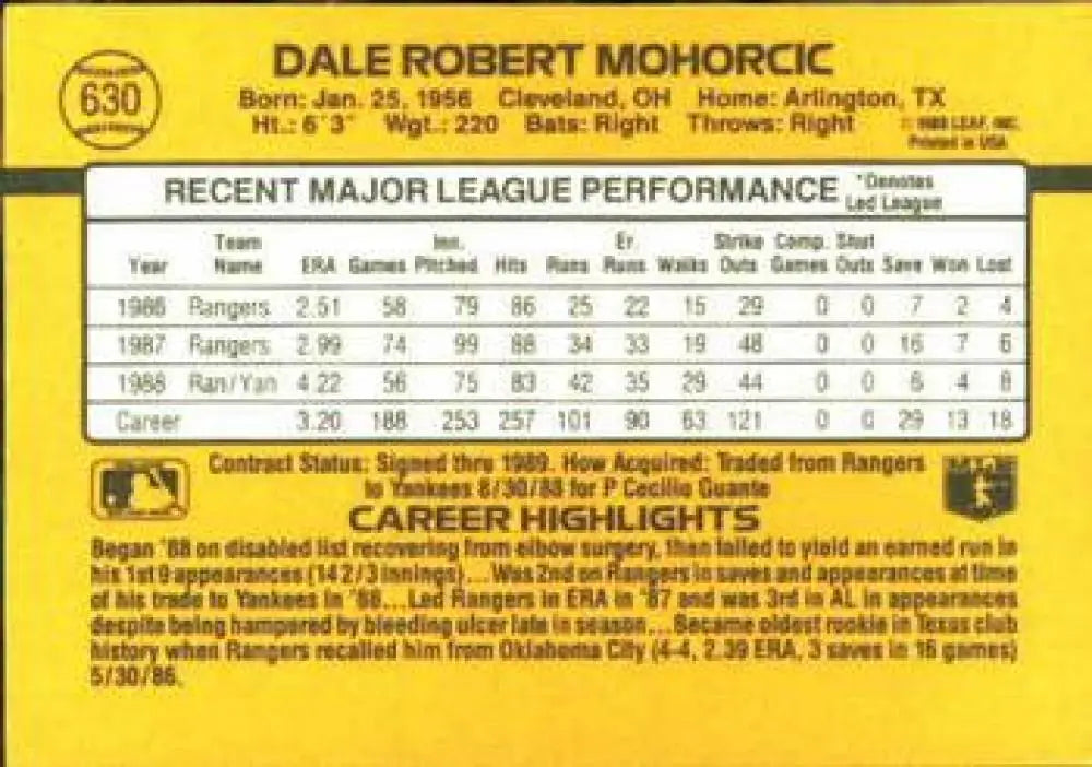 Baseball card featuring Dale Mohorcic and New York Yankees MLB stats from the 1980s