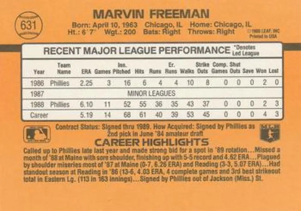1989 Donruss #631 Marvin Freeman baseball card showcasing Philadelphia Phillies statistics