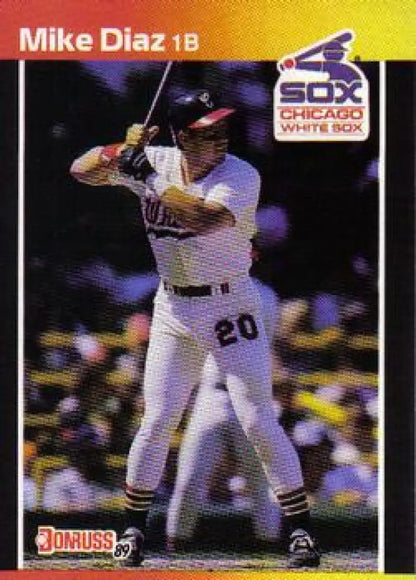 Baseball card of Mike Diaz in batting stance, Chicago White Sox uniform #20