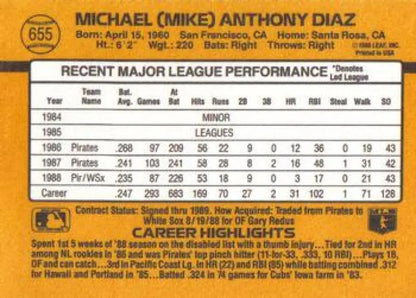 1989 Donruss #655 Mike Diaz baseball card featuring Chicago White Sox career stats