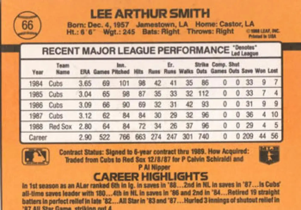 Lee Smith 1989 Donruss #66 Baseball Card showcasing Boston Red Sox career highlights
