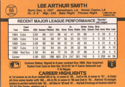 Lee Smith 1989 Donruss #66 Baseball Card showcasing Boston Red Sox career highlights