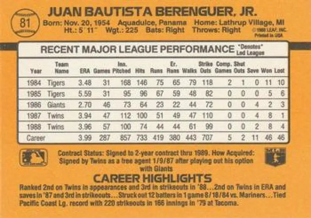 Baseball card of Juan Berenguer showcasing 1980s career stats with Minnesota Twins