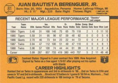 Baseball card of Juan Berenguer showcasing 1980s career stats with Minnesota Twins