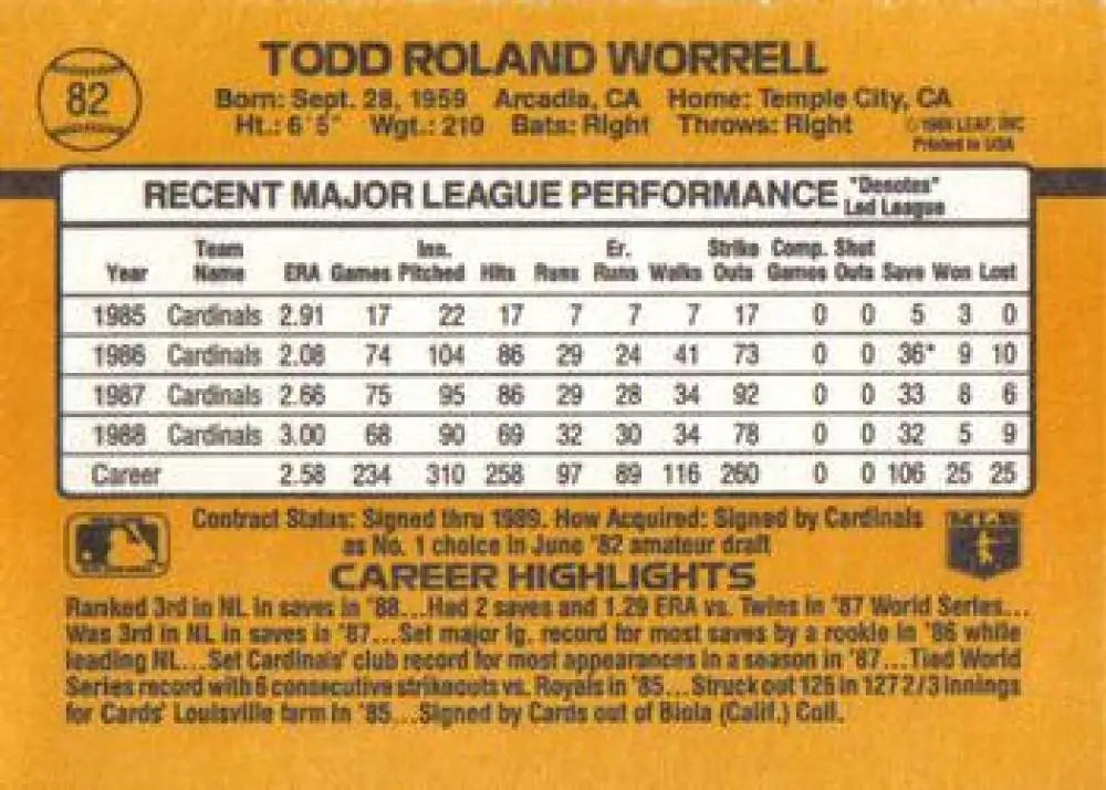 Baseball card featuring Todd Worrell’s career stats with St. Louis Cardinals from the 1980s