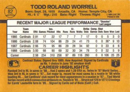 Baseball card featuring Todd Worrell’s career stats with St. Louis Cardinals from the 1980s