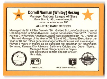 1989 Donruss All-Stars #42 Whitey Herzog NM Near Mint Cardinals ID:72057 - Trading Cards