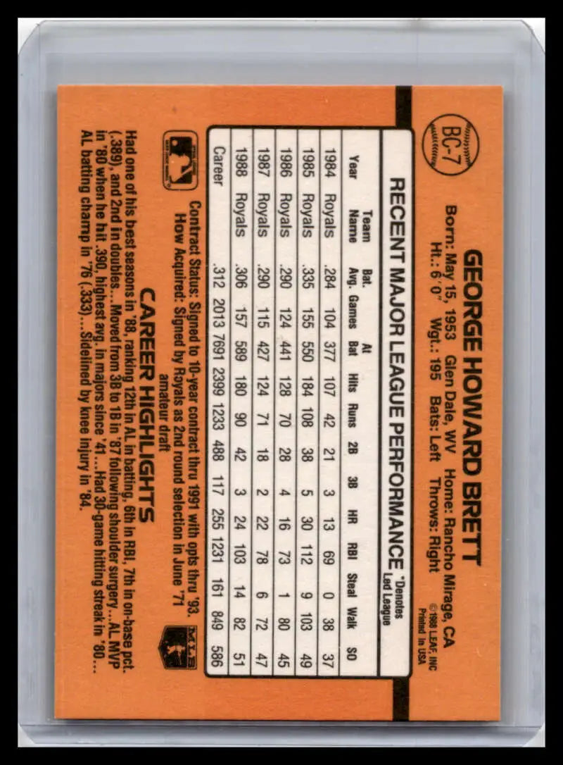 Orange and black 1989 Donruss George Brett baseball card with Kansas City Royals stats