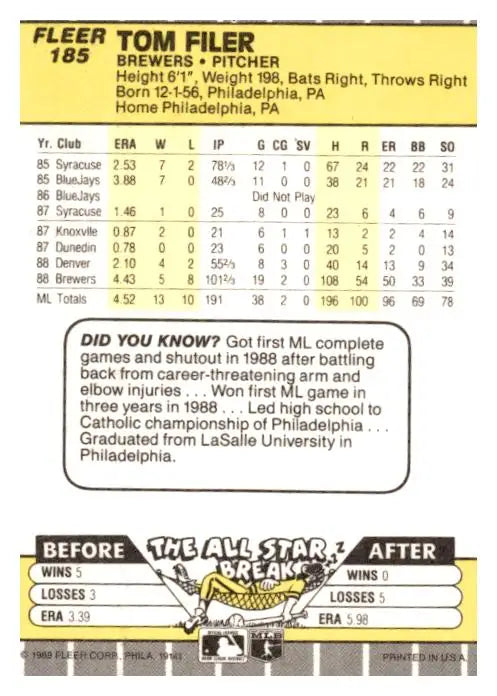 1989 Fleer #185 Tom Filer - Trading Cards