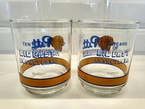 Clear drinking glasses featuring Pitt Panthers and Big East Basketball logo