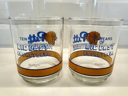 Clear drinking glasses featuring Pitt Panthers and Big East Basketball logo