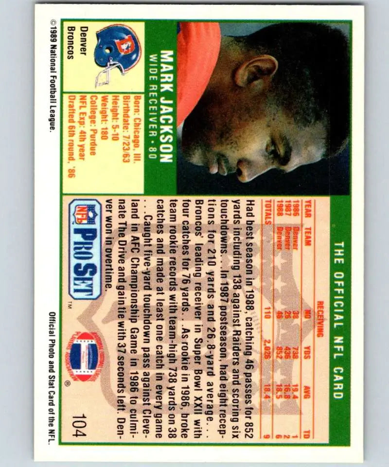 1989 Pro Set #104 Mark Jackson NM-MT Denver Broncos Football Card collectible image
