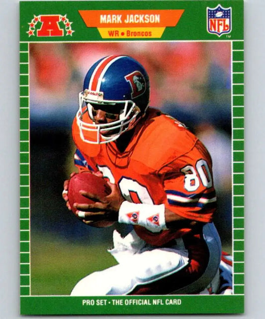 NFL trading card of Mark Jackson from the Denver Broncos in orange jersey with football