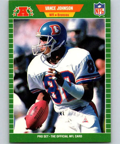 NFL football card of Vance Johnson in white uniform for Denver Broncos