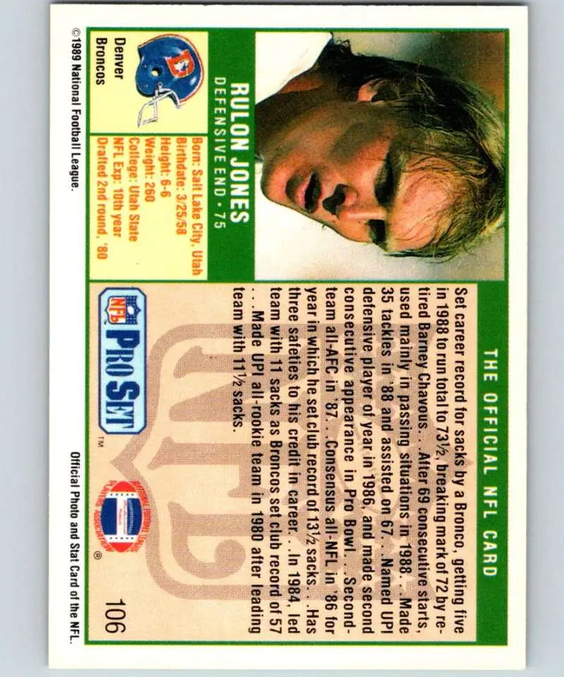 Vintage NFL Pro Set Rulon Jones football card featuring a Buffalo Bills player