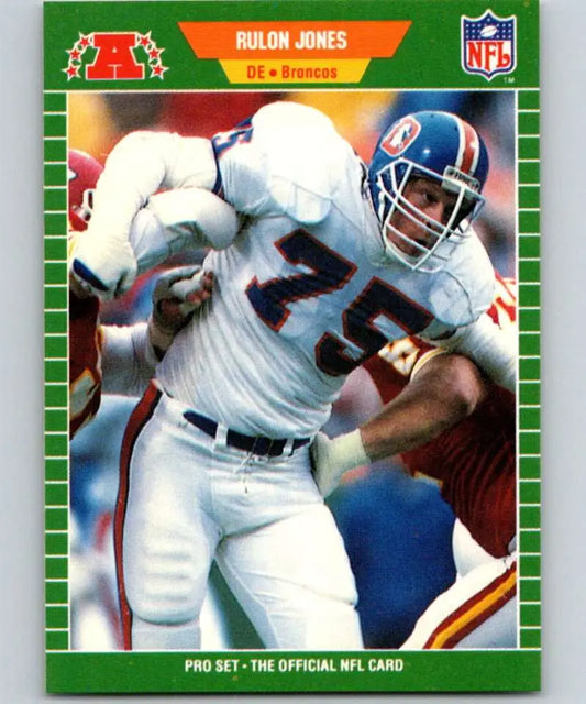 NFL trading card of Rulon Jones in a white Denver Broncos uniform running with football
