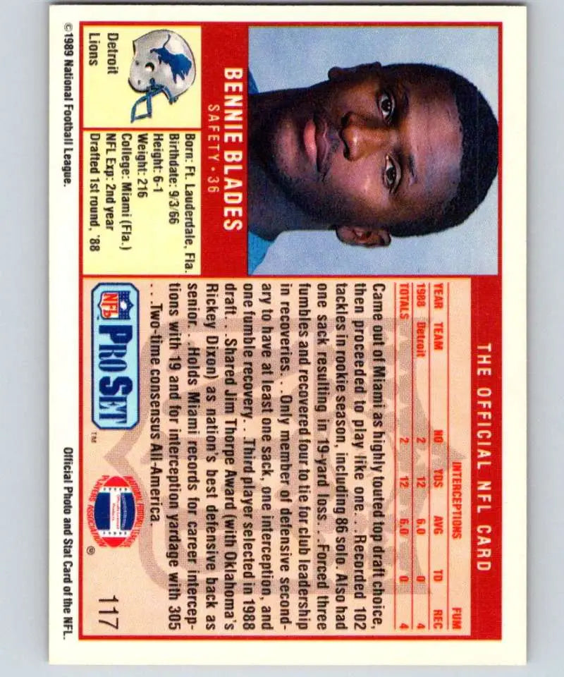 Bennie Blades Rookie Detroit Lions football card from the 1989 Pro Set collection