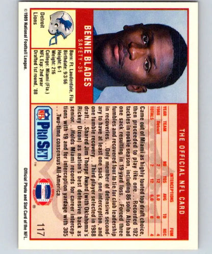 Bennie Blades Rookie Detroit Lions football card from the 1989 Pro Set collection