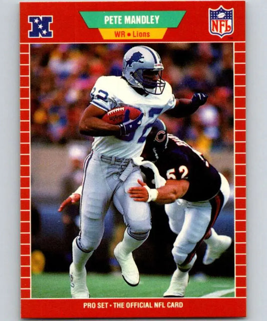 Red-bordered 1989 Pro Set #123 Pete Mandley card of Detroit Lions running back evading tackle